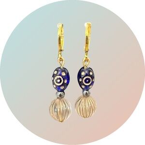 BOUTIQUE Elegant Blue and Gold Beaded Earrings, Dainty, Vintage, Classy, Light